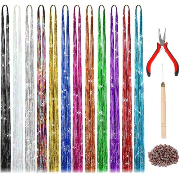 New 47 Inch Tinsel Hair Extensions Kit 12 Colors 2400 Strands for Women & Girls